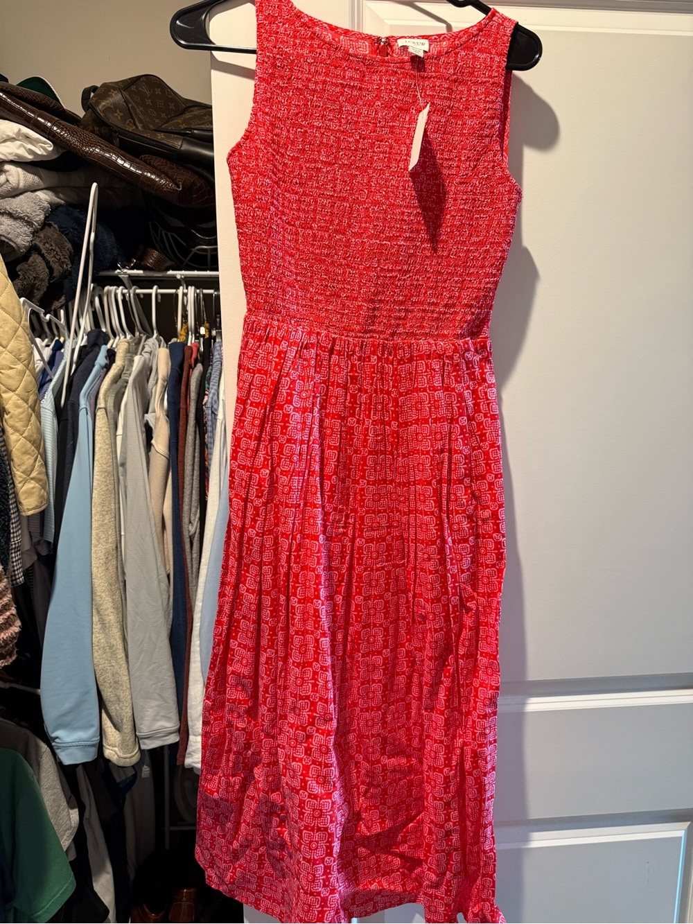 J. Crew Red Sleeveless Midi Dress with Patterned Skirt